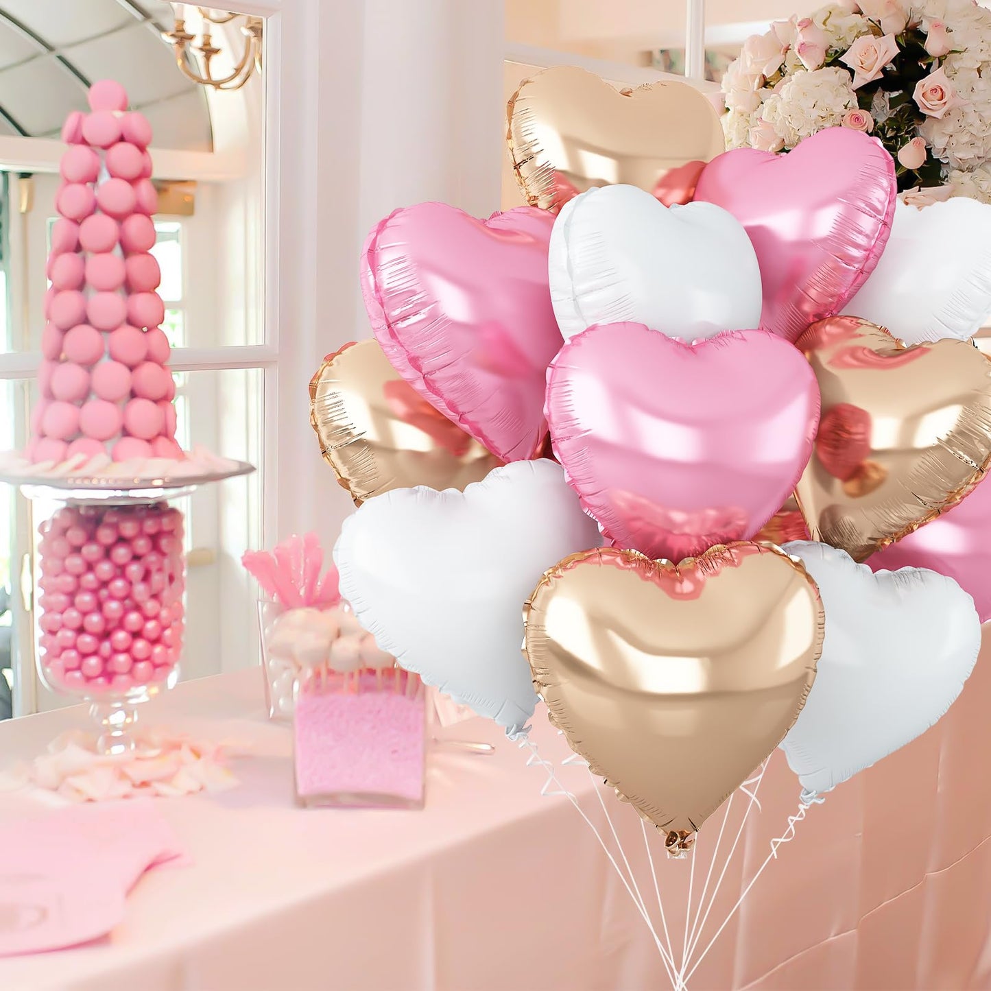 Sage Green Gold Heart Balloons,12Pcs Light Gold Heart Shaped Foil Balloons,18Inch Cream White Helium Mylar Balloon for Baby Shower Birthday Anniversary Wedding Party Decorations