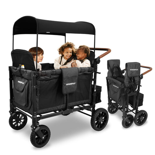 WONDERFOLD W4 Luxe Quad Stroller Wagon Featuring 4 High Face-to-Face Seats with Magnetic Buckle 5-Point Harnesses and Adjustable/Removable UV-Protection Canopy, Hunter Green