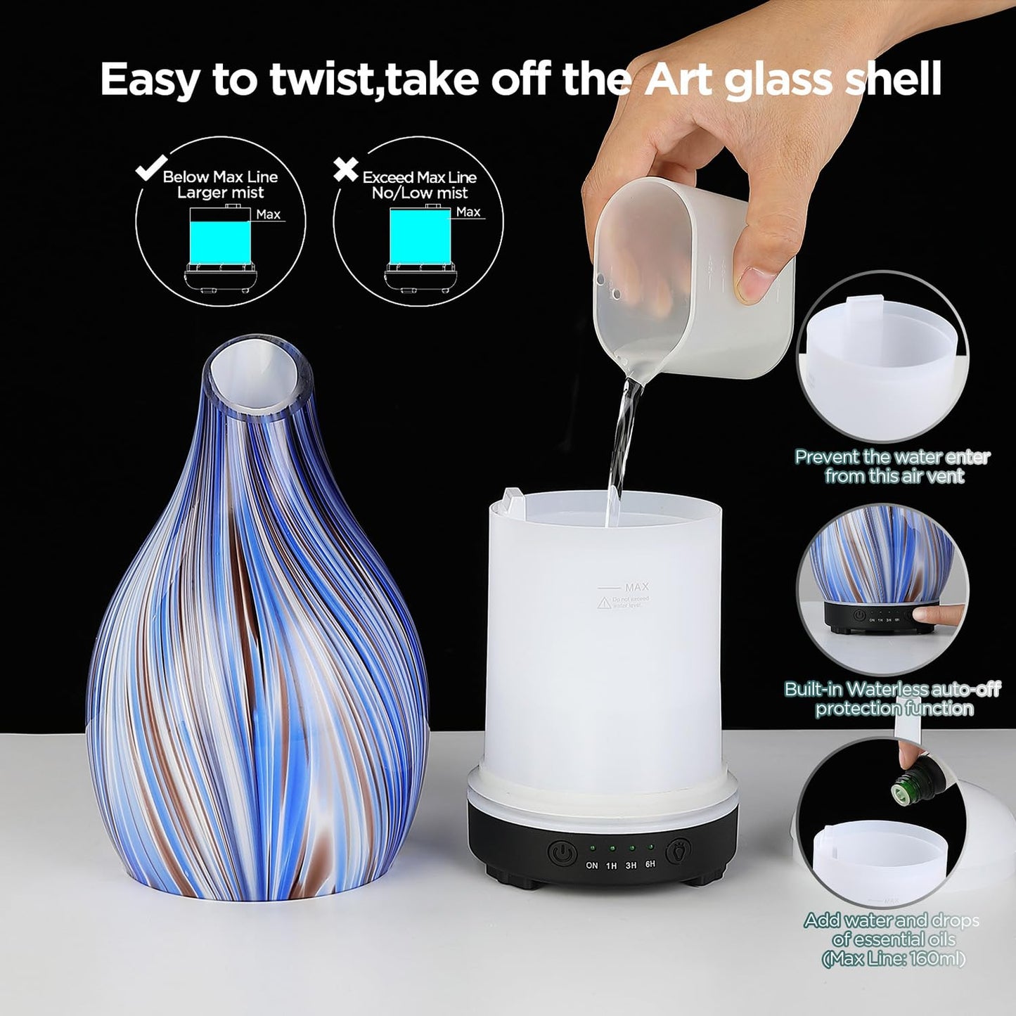 Essential Oil Diffuser Hand Blown Glass Aromatherapy Diffuser - Ultrasonic Cool Mist Scent Aroma Diffuser, Whisper Quiet with Auto Shut-Off, Timer Setting &7 Colors Night Light for Home