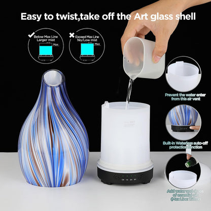 Essential Oil Diffuser Hand Blown Glass Aromatherapy Diffuser - Ultrasonic Cool Mist Scent Aroma Diffuser, Whisper Quiet with Auto Shut-Off, Timer Setting &7 Colors Night Light for Home