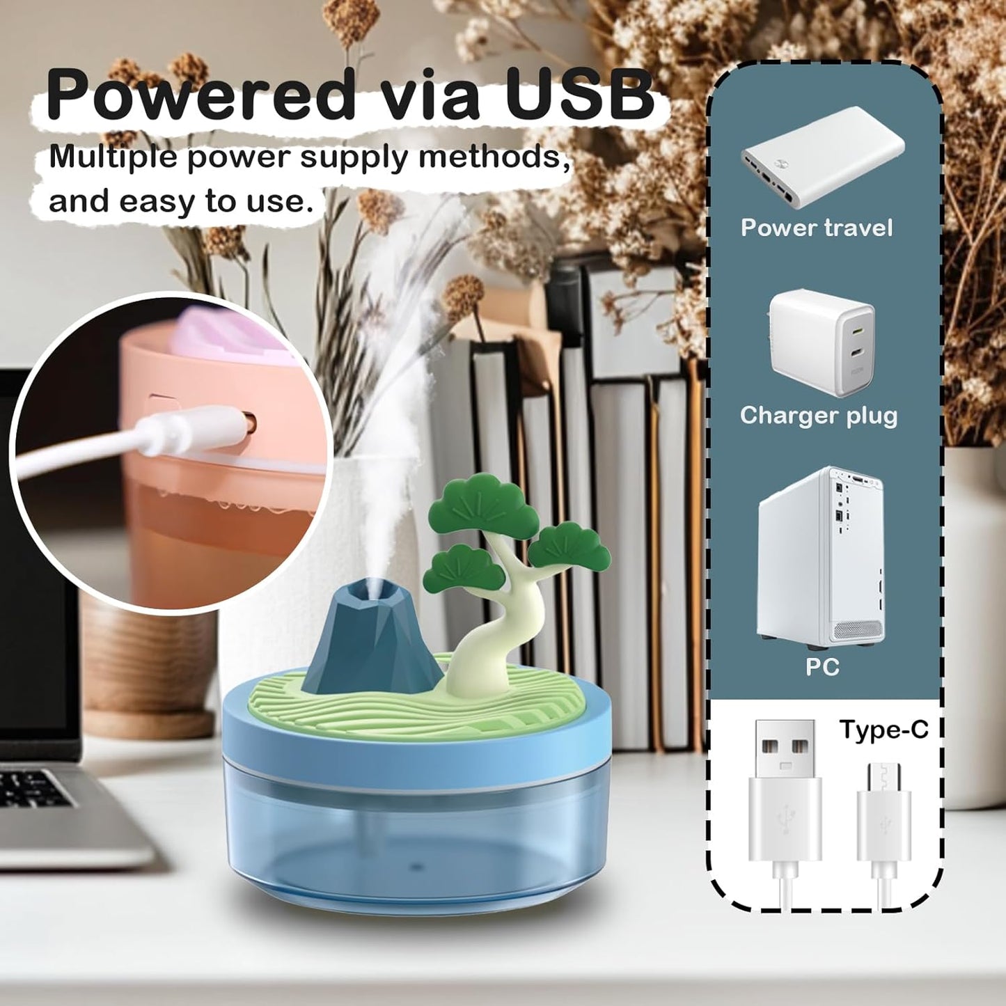 Landscape Night Light Humidifier with 2 Mist Modes, 320mL Large Tank Whisper-Quiet for Baby/Nursery/Office, Portable Mini Air Moisturizer (Coconut tree)