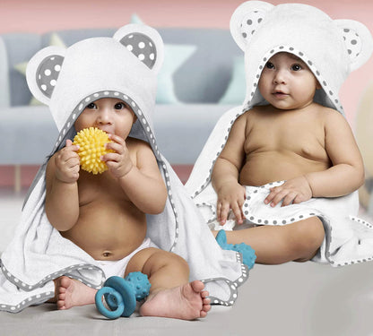 Set of 2 Hooded Baby Towels – White and Grey – Luxurious, Large and Super Absorbent – 30 x 30 Inch – Soft and Suitable for Infants, Toddlers and Kids – 400 GSM