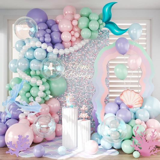 CROSSFINGERS Mermaid Balloon Garland Arch Kit,145pcs Purple Pastel Pink light Blue Balloons with Mermaid Tails Foil Balloons for Birthday Gender Reveal Baby Shower Ocean Themed Party Decorations