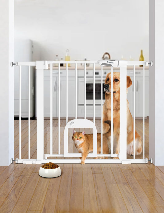 Babelio Upgraded Baby Gate with Cat Door, 29-43" Auto Close Durable Dog Gate for Stairs, Doorways and House, Easy Walk Thru Safety Gate with Pet Door Includes 4 Wall Cups, Black