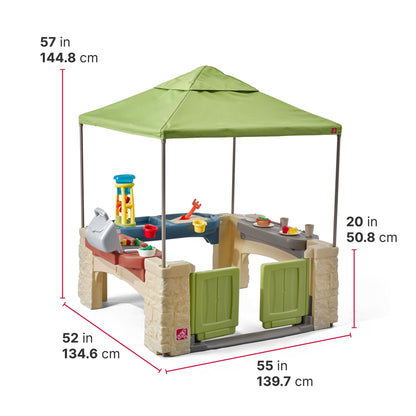 Step2 All Around Playtime Patio with Canopy, Kids Indoor/Outdoor Kitchen Playset & Sensory Playhouse, Made of Durable Plastic, Includes 16 Piece Toy Accessories, For Toddlers 2+ Years Old, Green