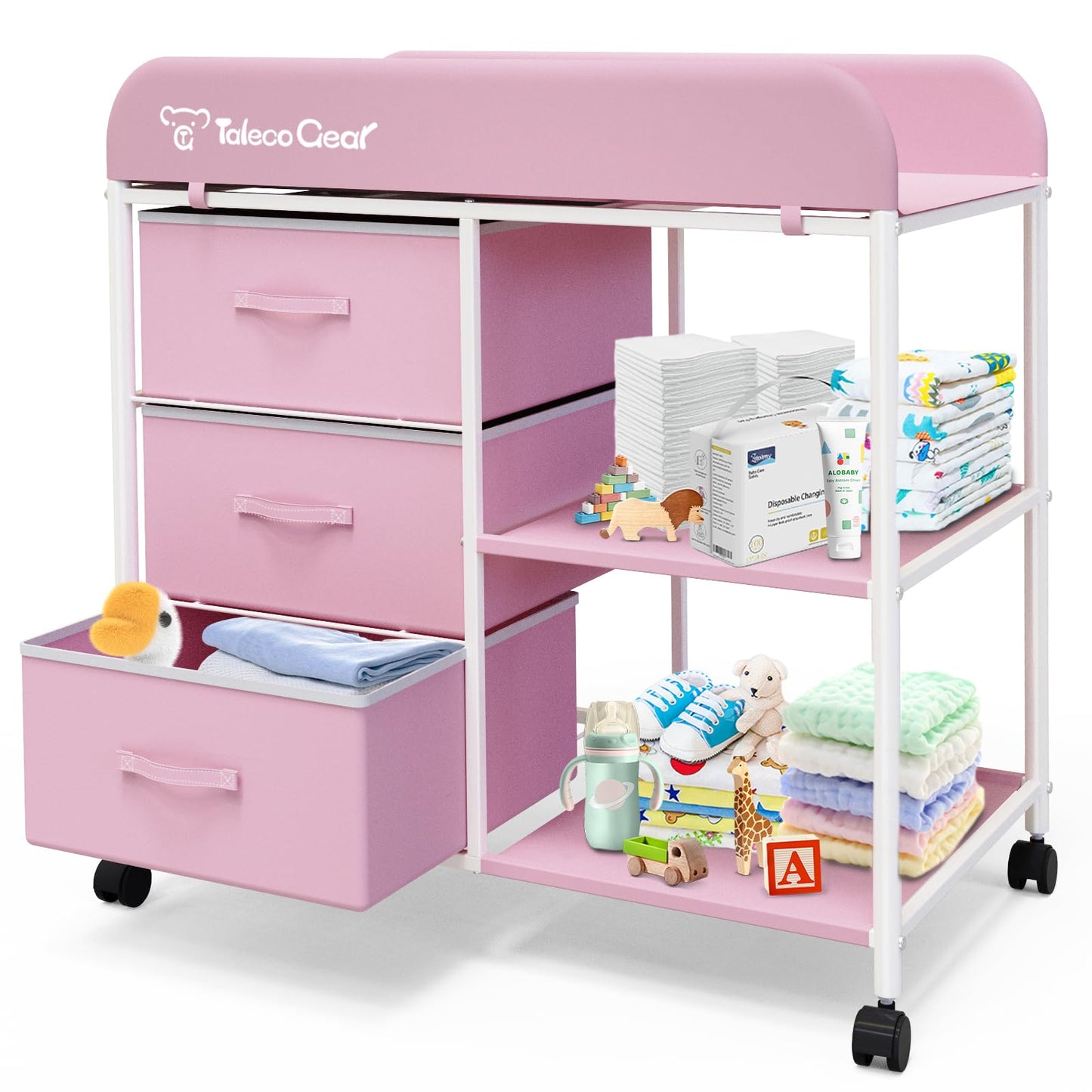 G TALECO GEAR Baby Changing Table, Portable Changing Table, Diaper Changing Station with Waterproof Pad, Changing Table Dresser with 3 Storage Baskets, Mobile Nursery Organizer for Newborn Essentials
