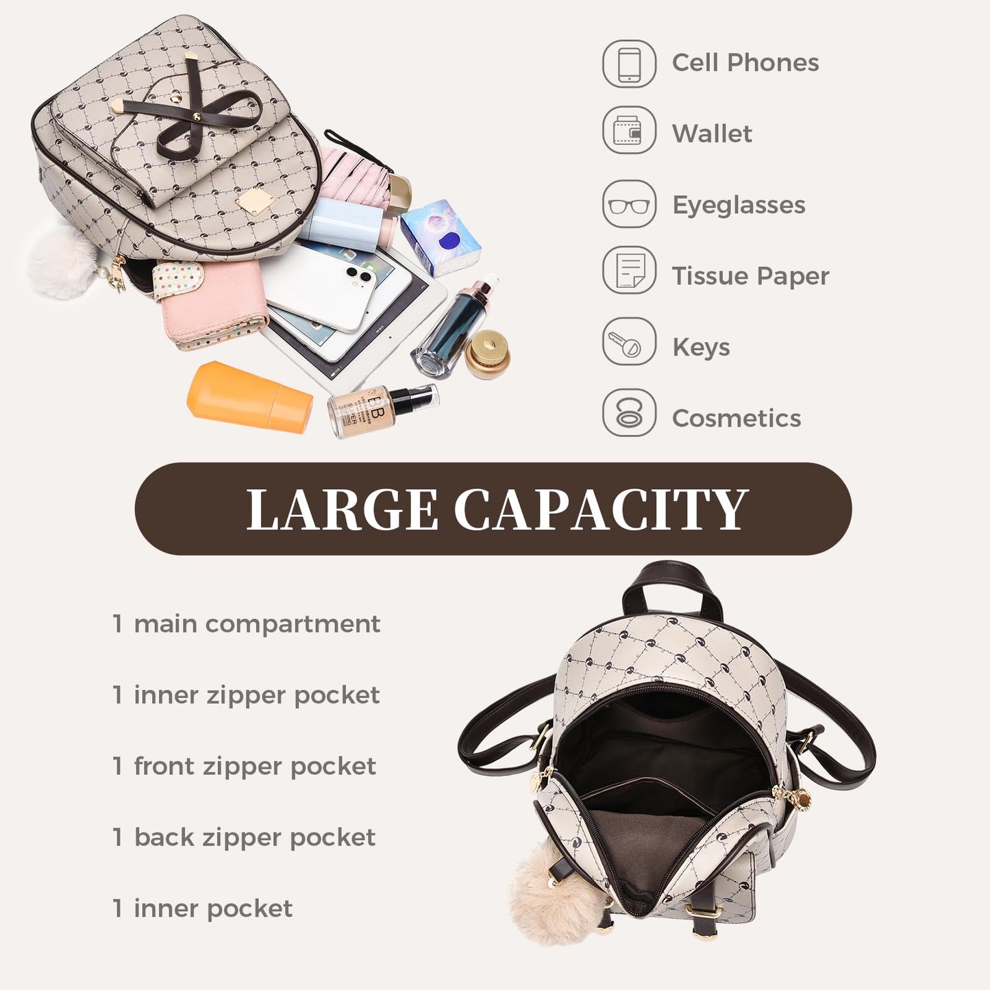 I IHAYNER Girls Bowknot 3-Pieces Fahsion Leather Backpack Backpack Purse for Women Rucksack for Ladies Shoulder Bag