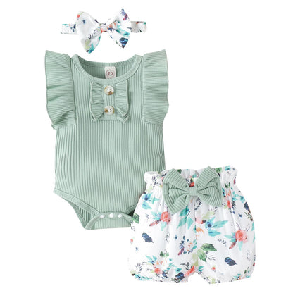 Newborn Baby Girl Clothes Outfits Ruffle Romper and Short Pant Sets with Headband Infant Bodysuits