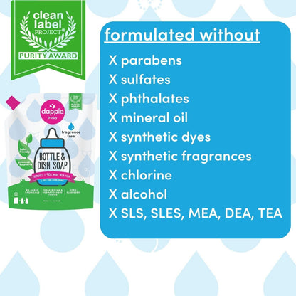 Dapple Baby Bottle Soap, Hypoallergenic Dish Soap for Baby Bottles, Powered by Plants, Travel Size, Fragrance Free, 3 Fl Oz (Pack of 2)