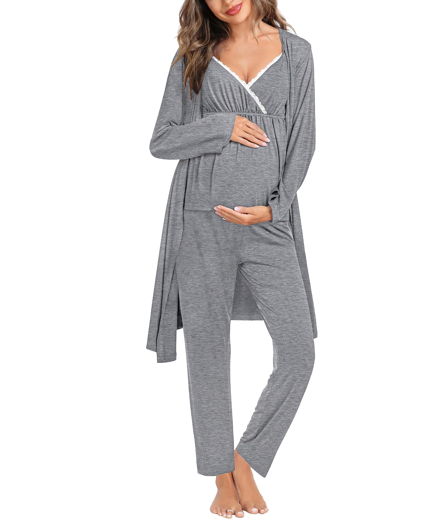 SWOMOG Maternity Nursing Robe Set 3 Piece Breastfeeding Pajamas 3 in 1 Labor Delivery Sleevless Tops&Long Pants Pregnancy Pjs