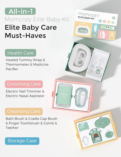 Momcozy Elite Baby Kit, Superior Baby Shower&Registry Essential Kit for Grooming & Health & Cleansing Care, Electric Nail File&Nasal Aspirator, Tummy Wrap, Thermometer, Bath Brush,Teether, Storage Bag