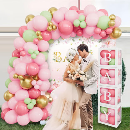 Baby in Bloom Baby Shower Decorations - 116pcs Pink and Sage Green Balloon Arch Kit, BABY in Bloom Backdrop and Baby Boxes with Letters for Pink Floral Baby Shower Decorations for Girl
