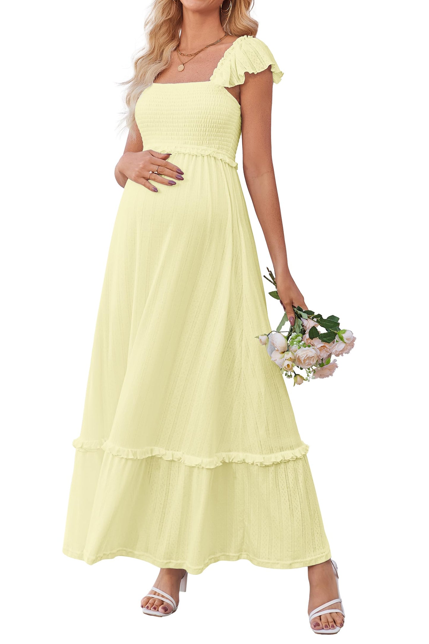 OUGES Womens 2025 Summer Maternity Photoshoot Dress Boho Maxi Smocked Baby Shower Dress Ruffle Sleeve Maternity Clothes