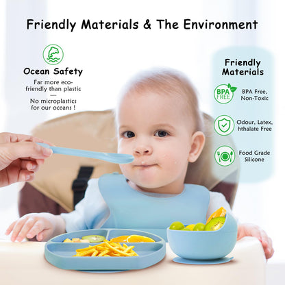 Baby Feeding Set, 13PCS Silicone Baby Self Feeding Set, Toddler Led Weaning Utensils Set with Suction Bowl and Plate, 3 Set of Baby Spoon and Fork, Adjustable Bid, Sippy Cup with Straw and 2 Lids