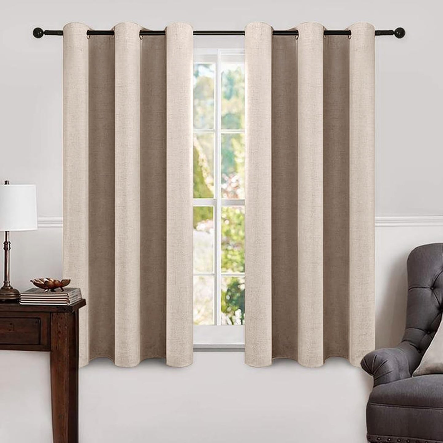 MIULEE 100% Blackout Linen Textured Curtains for Bedroom Solid Thermal Insulated Natural Beige Grommet Room Darkening Curtains & Drapes Luxury Decor for Living Room Nursery 52 x 84 Inch (2 Panels)
