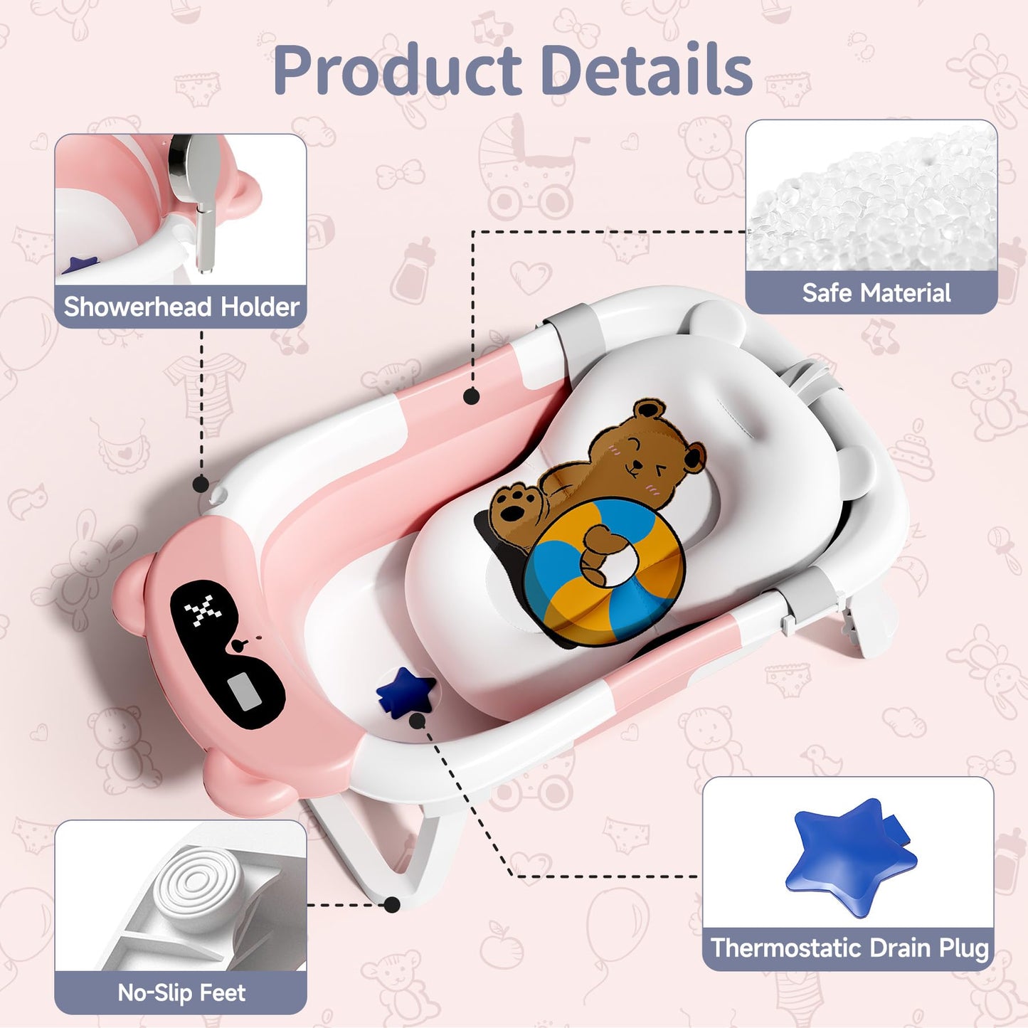 Collapsible Baby Bathtub for Newborn to Toddler (0-18 M) - Portable Baby Tub with Thermometer, Newborn Bathtub with Soft Towel and Floating Cushion (Brown)