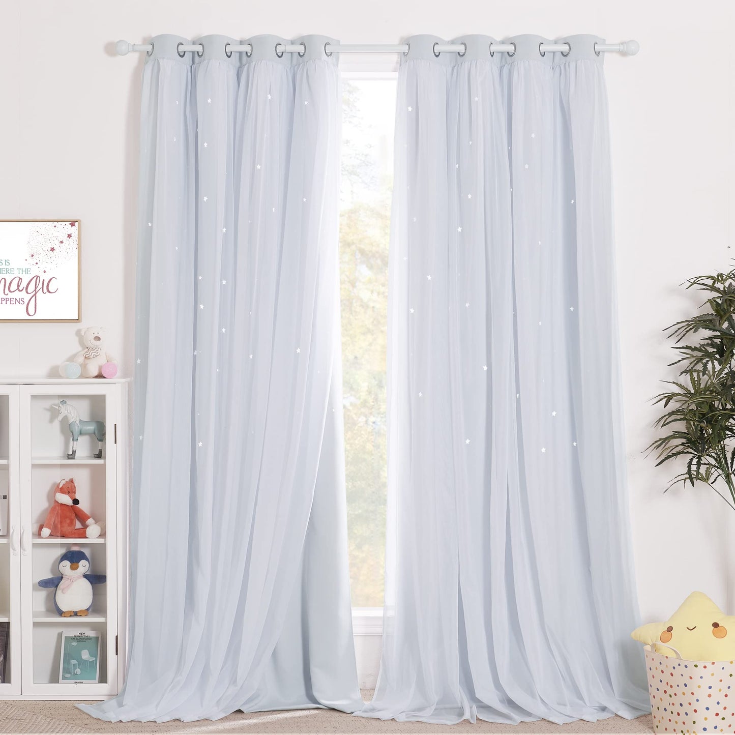NICETOWN Nursery Curtains for Kids, Farmhouse Blackout Curtain Panels for Bedroom, Double Layer Star Hollow-Out Grommet Aesthetic Living Room Toddler Window Curtains, 2 Pcs, W52 x L84, Biscotti Beige