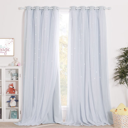 NICETOWN Nursery Curtains for Kids, Farmhouse Blackout Curtain Panels for Bedroom, Double Layer Star Hollow-Out Grommet Aesthetic Living Room Toddler Window Curtains, 2 Pcs, W52 x L84, Biscotti Beige