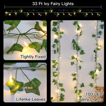 suddus Vine with Fairy Lights Battery Operated, 33ft 100 LED Ivy String Lights with Remote, Leaf Lights for Bedroom, Room, Wall, Garden, Party, Wedding Decor (Warm White)