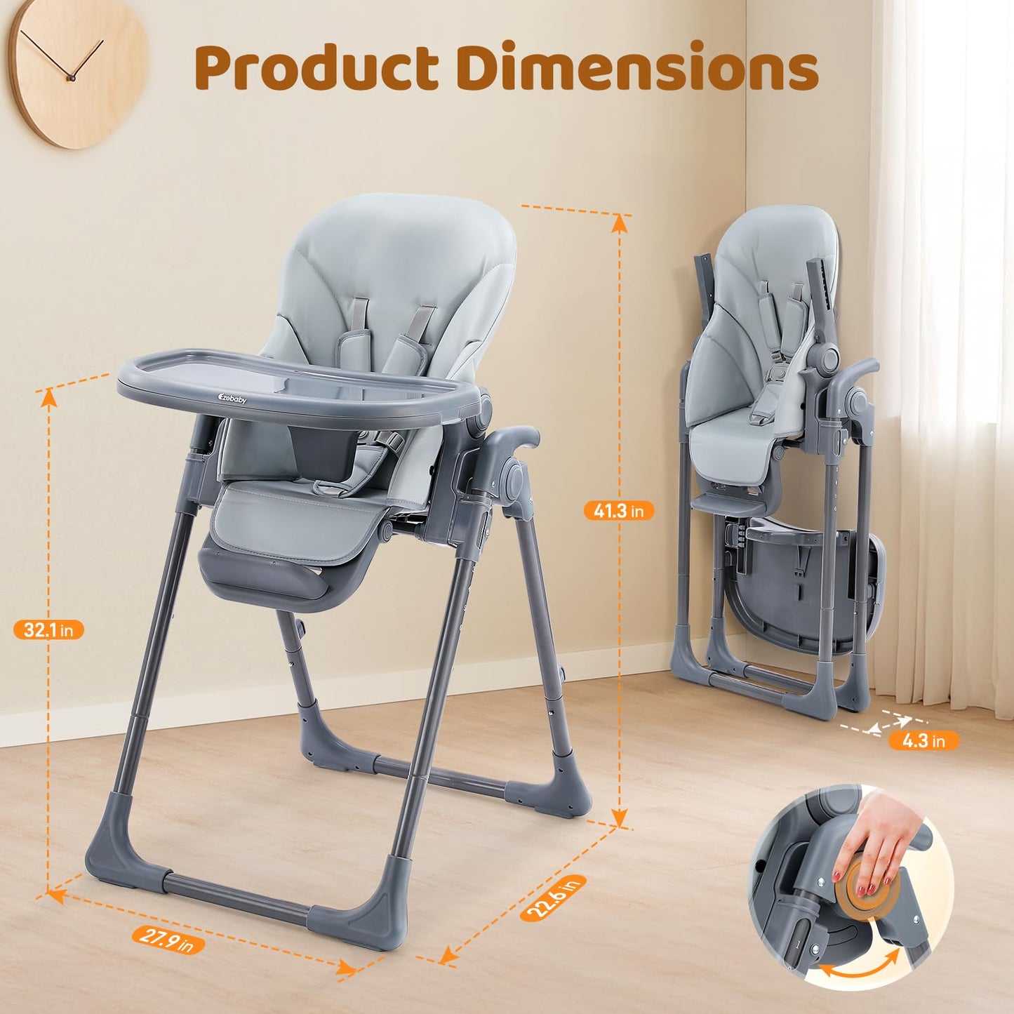 Ezebaby Foldable Baby High Chair – Portable High Chairs for Babies & Toddlers, Adjustable Height & Recline, 5-Point Harness, Removable Tray Baby Feeding Highchair