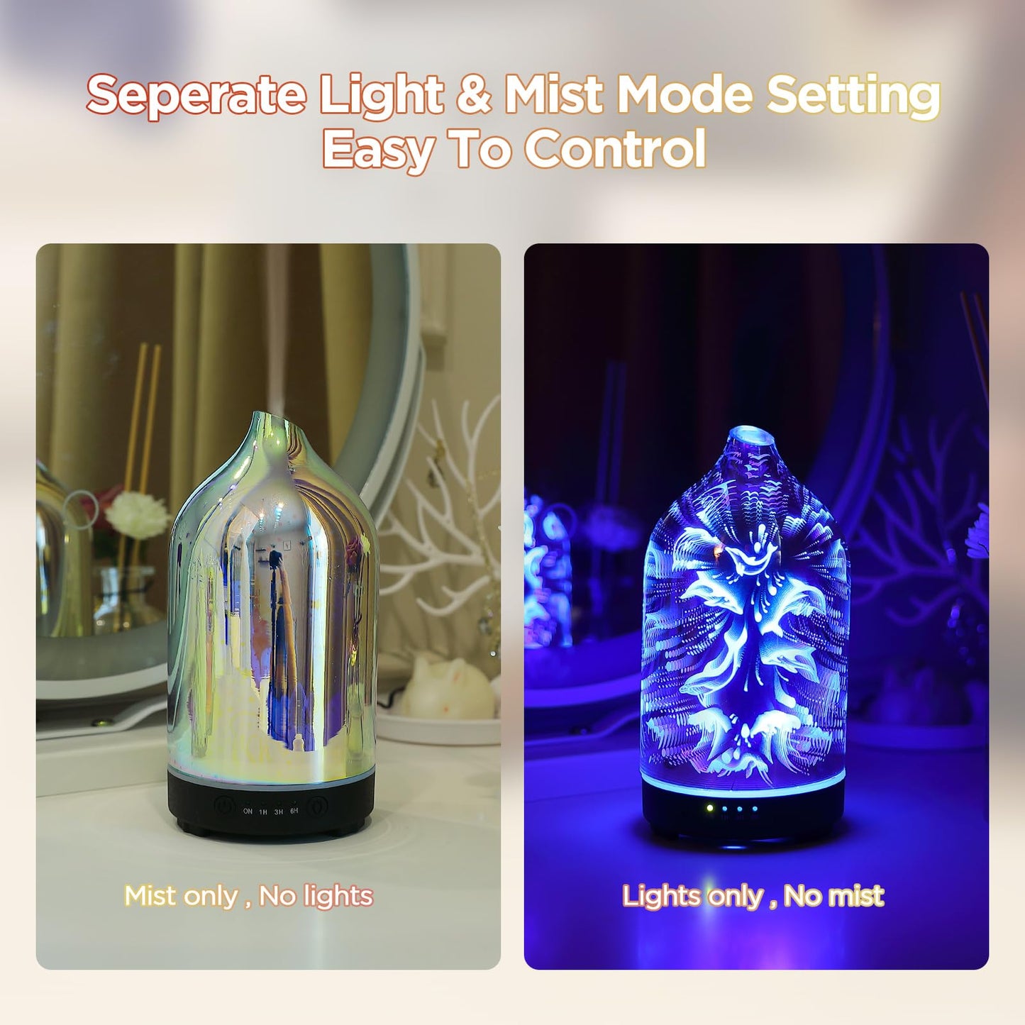 Essential Oil Diffuser Hand Blown Glass Aromatherapy Diffuser - Ultrasonic Cool Mist Scent Aroma Diffuser, Whisper Quiet with Auto Shut-Off, Timer Setting &7 Colors Night Light for Home