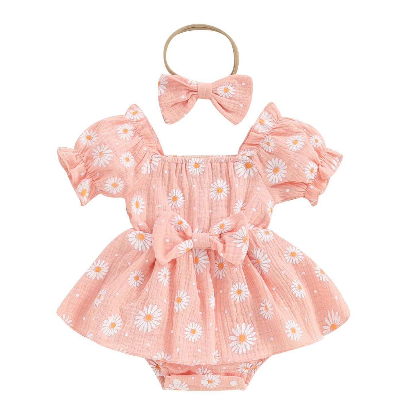 Baby Girls Daisy Romper Bowknot Bodysuit+Headband Short Sleeve Playsuits Floral Jumpsuit Infant Summer Clothes