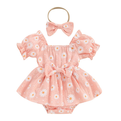 Baby Girls Daisy Romper Bowknot Bodysuit+Headband Short Sleeve Playsuits Floral Jumpsuit Infant Summer Clothes
