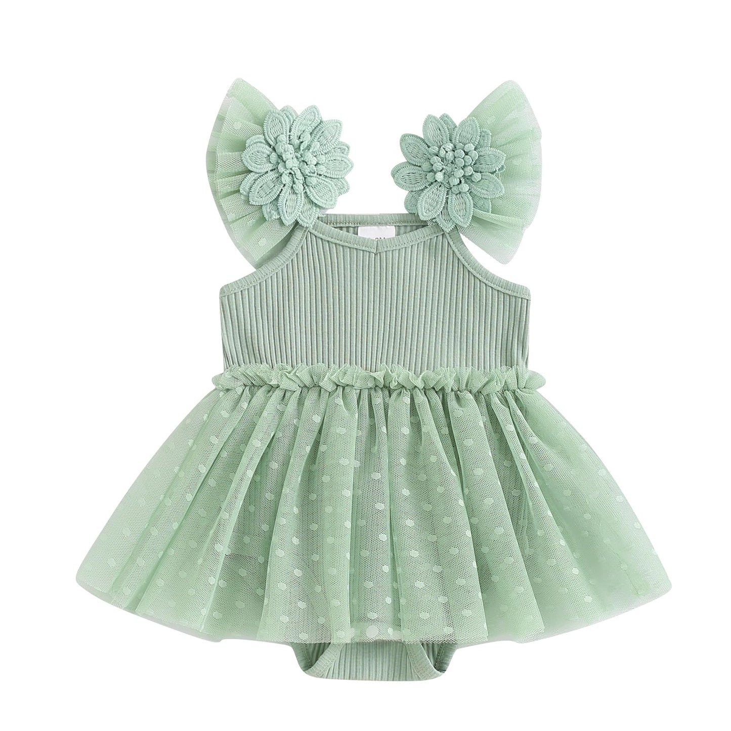 Hnyenmcko Newborn Baby Girl Summer Romper Dress Infant Fly Sleeve Flower Embroidery Mesh Tulle Skirt Hem Ribbed Bodysuit