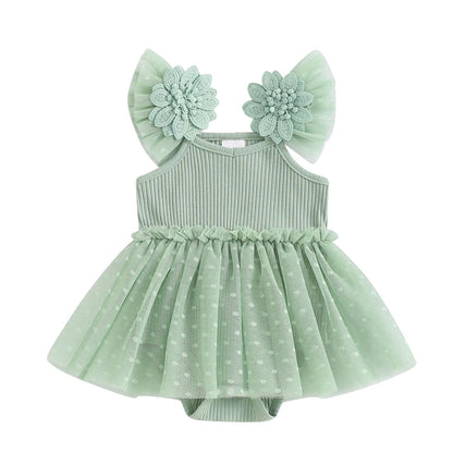 Hnyenmcko Newborn Baby Girl Summer Romper Dress Infant Fly Sleeve Flower Embroidery Mesh Tulle Skirt Hem Ribbed Bodysuit