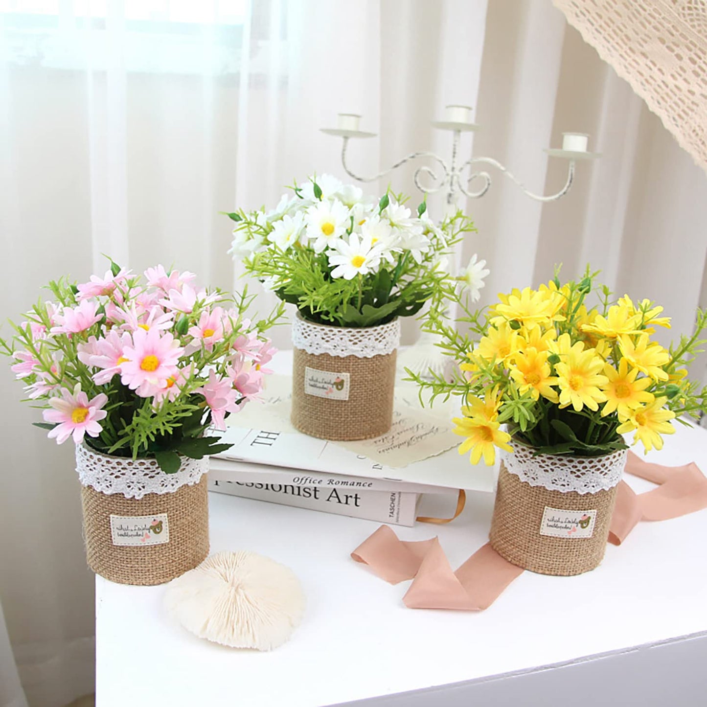 XONOR Artificial Flower Plants – Mini Fake Hydrangea Flowers in Pot for Home Decor Party Wedding Office Patio Table Desk Decoration, Set of 4, 3.3''(D) x 5.5''(H)
