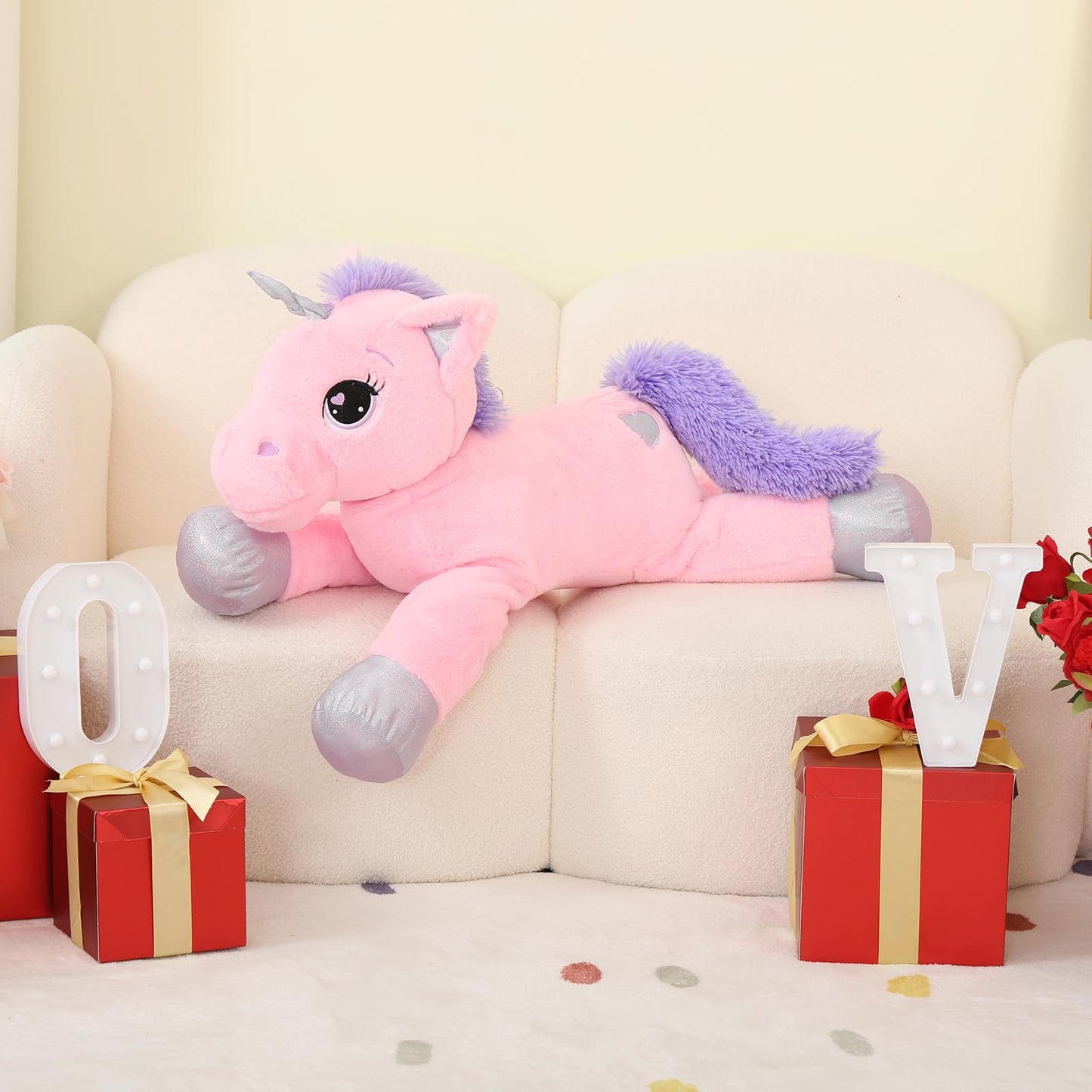 43" Giant Unicorn Stuffed Animal, Unicorn Plush Pillow Toys Big Plushy Fluffy, Gift for Girls Kids Boys Girlfriend, White & Purple
