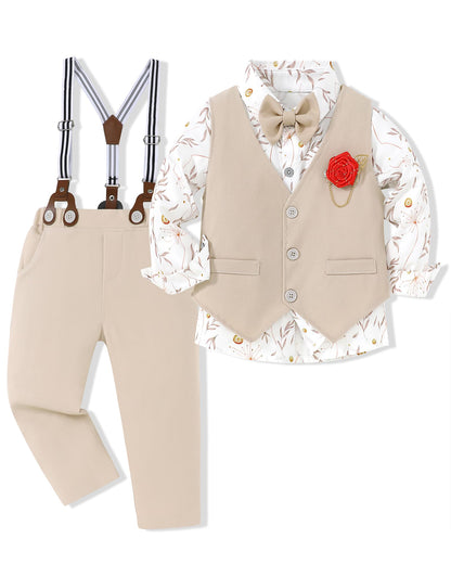 WESIDOM Toddler Boy Clothes Suit Formal Dress Shirt+Bowtie+Vest+Boutonniere+Suspender Pants Boys Gentleman Outfits Set