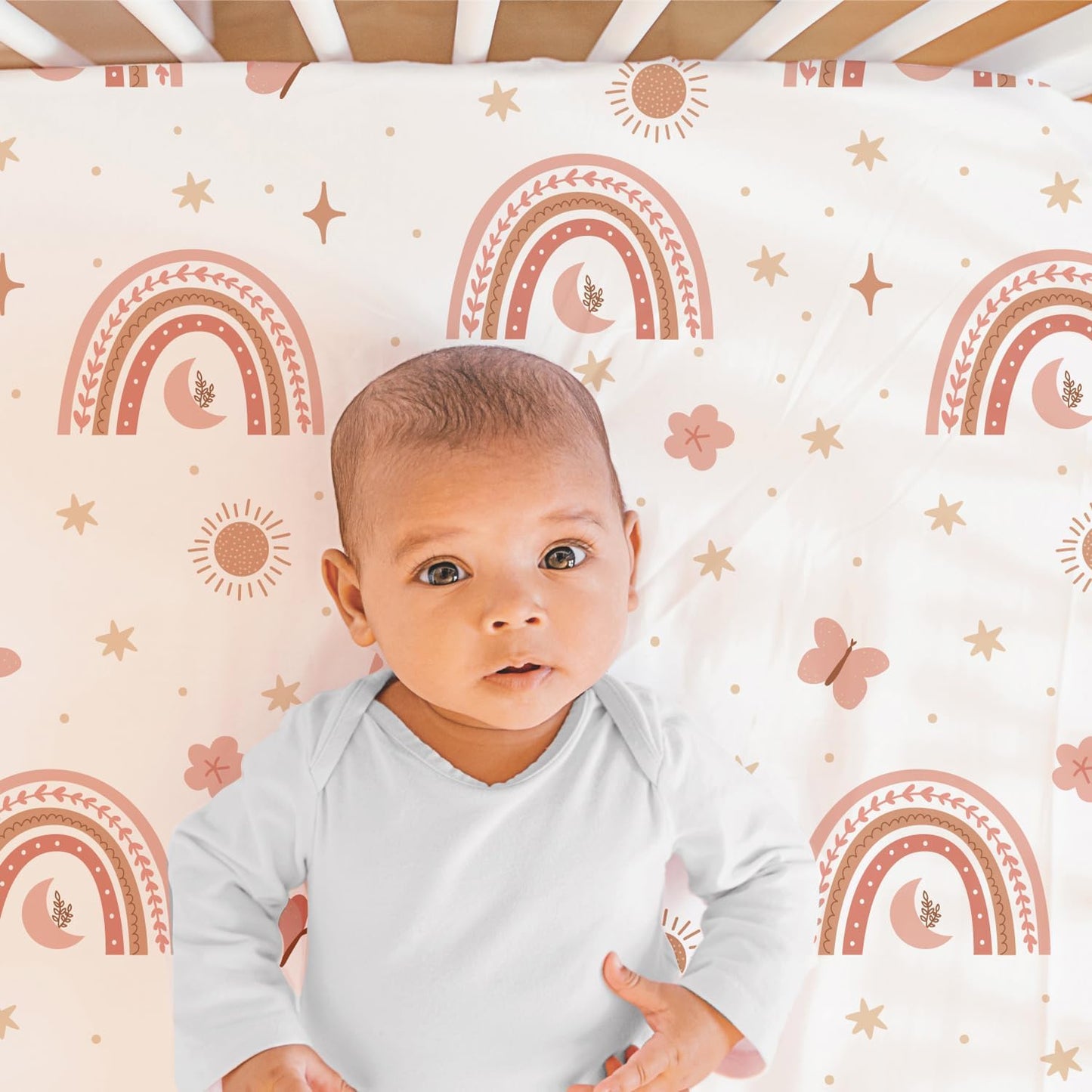 The Peanutshell 3 Piece Baby Crib Bedding Set for Girls - Newborn, Infant & Toddler Nursery Bed Set Decor with Fitted Crib Sheet, Dust Ruffle Comforter - Boho Rainbow