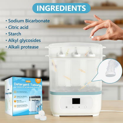 200Pcs Detergent Tablets for All Baby Bottle Washers, Deep Cleaning Momcozy Washer Tablets for Bottle Washer,Sterilizer,Dryer Like Brezza, GROWNSY-Easy to Use,Effective Cleaning with Safe