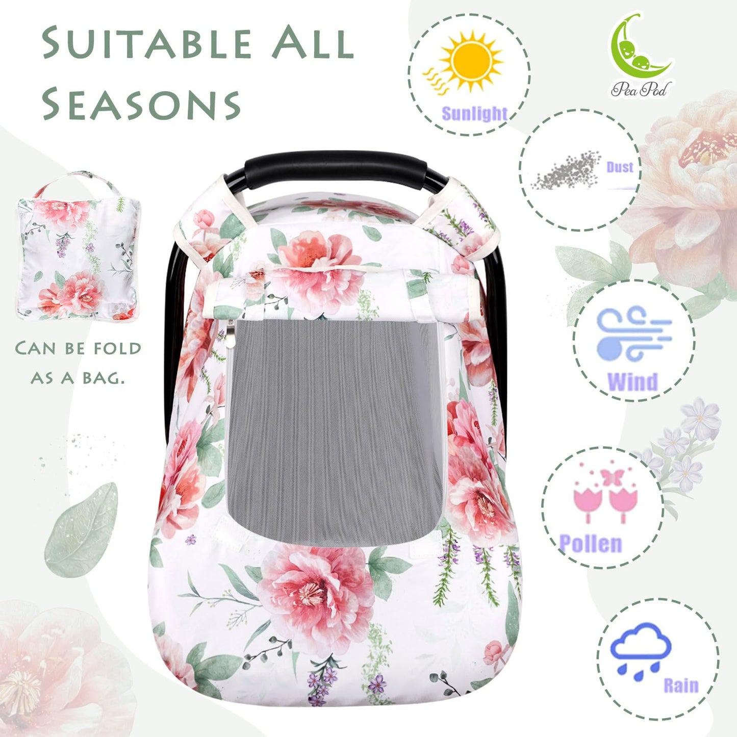 Pea Pod Car Seat Cover Baby, Infant Car Seat Canopy Covers for Newborn with 2 Layers Windows of Breathable Mesh Fabric, Lightweight Polyester/Soft Minky Dot Backing (Floral & Rainbow)