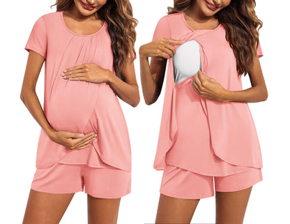 Ekouaer Women's Maternity Nursing Pajamas Set Breastfeeding Sleepwear Double Layer Short Sleeve Top & Shorts Nursing Pjs