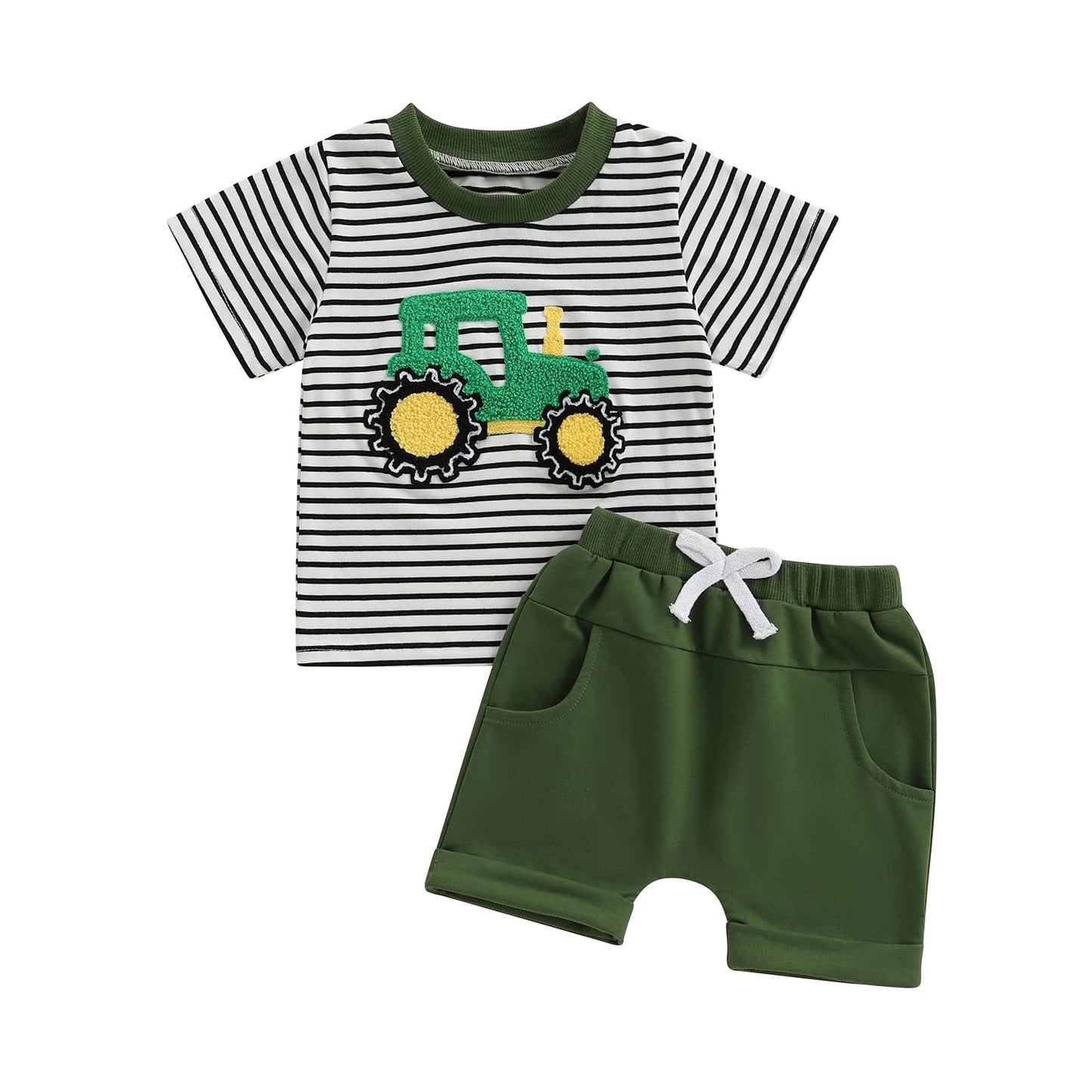 Toddler Baby Boy Summer Outfits Short Sleeve Embroidered T Shirt Tees + Striped/Plaid Shorts Infant Clothes Set