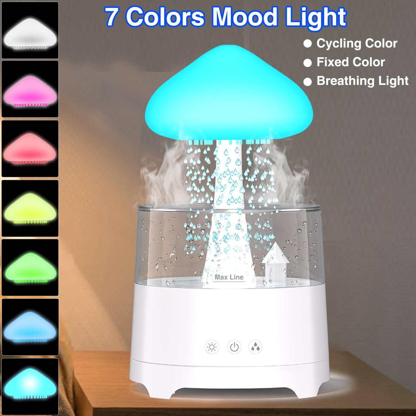 Diffuserlove Rain Diffuser Cloud Humidifier Water Drip Diffuser Humidifier 450ML with Remote Mushroom Lamp Humidifier Rain Sounds Humidifier