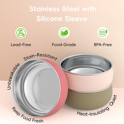 Bella's Friends Stainless Steel Baby Bowls with Silicone Sleeve 3 Pack, 4.3” for Toddlers Kids Feeding, Non-Slip, Non-Toxic, Mess-Free, Dishwasher Safe, Fit High Chair Size, Rose green Khaki