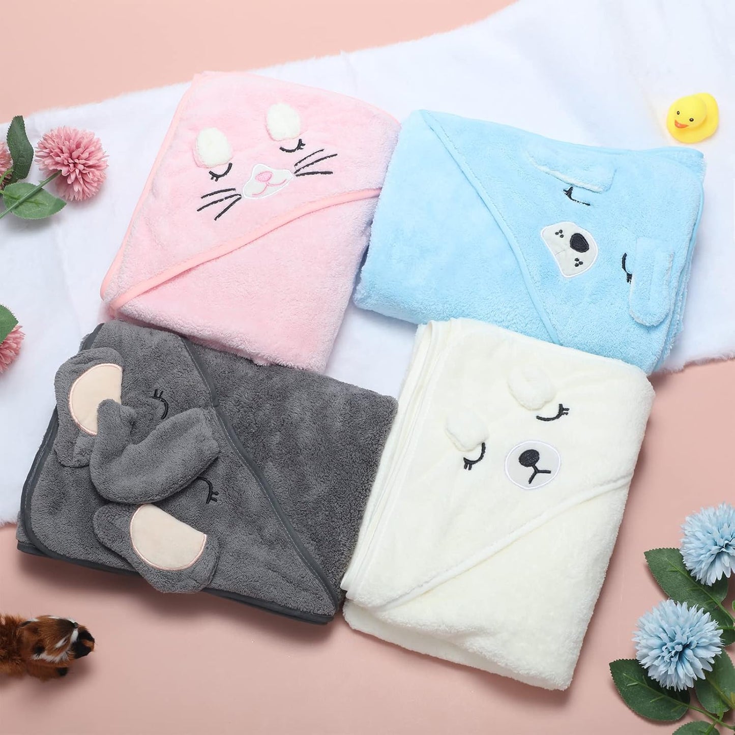 Eccliy 4 Pack Baby Bath Towel Cute Animal Face Coral Fleece Baby Bath Towels Poncho Cape for Boy and Girl (Kitten, Puppy, Bear, Elephant)