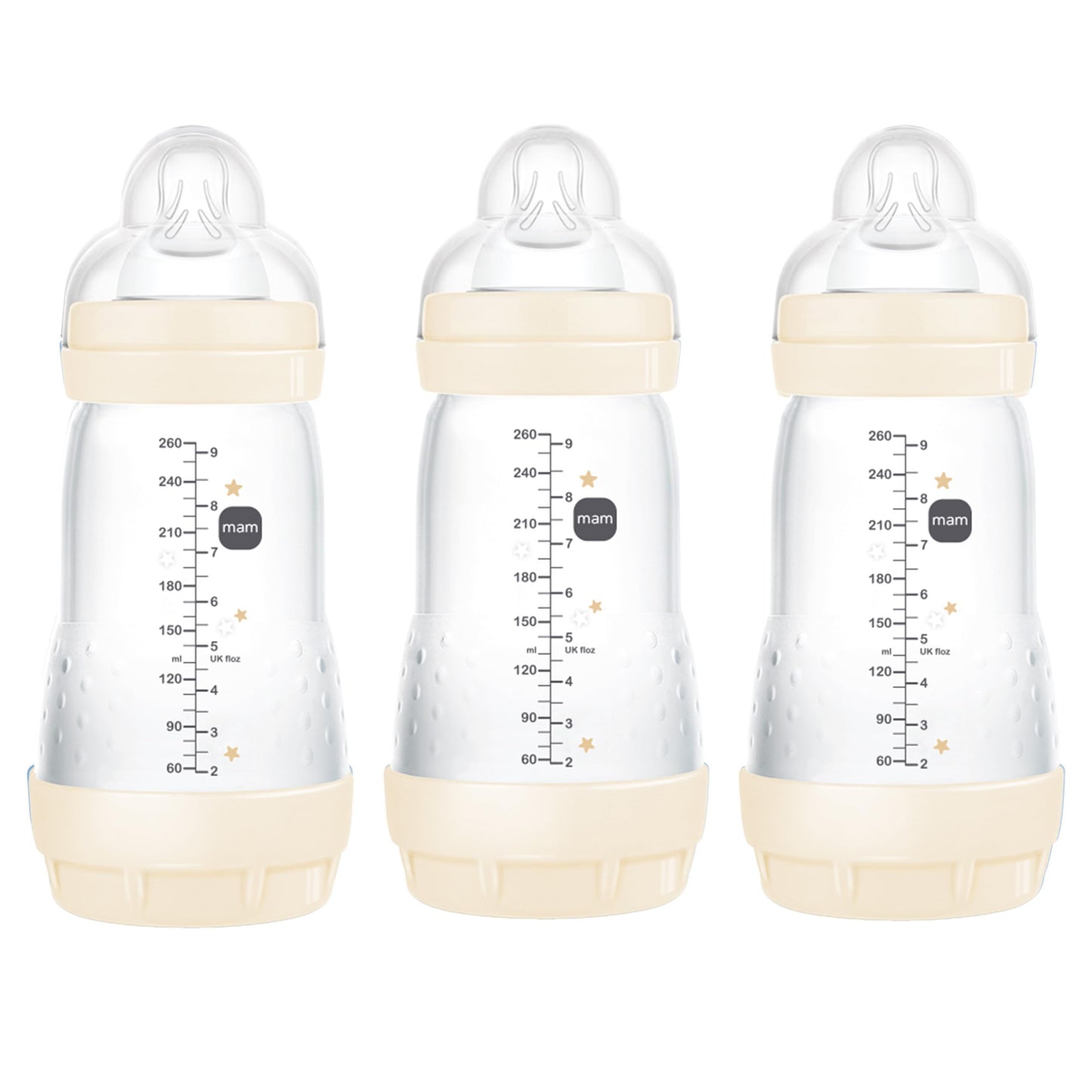 MAM 9oz Easy Start Anti-Colic Baby Bottles, Medium Flow, Breastfeeding-Like Silicone Nipple Bottle, Reduces Colic, Gas, & Reflux, Easy-to-Clean, BPA-Free, Colors May Vary