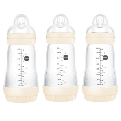 MAM 9oz Easy Start Anti-Colic Baby Bottles, Medium Flow, Breastfeeding-Like Silicone Nipple Bottle, Reduces Colic, Gas, & Reflux, Easy-to-Clean, BPA-Free, Colors May Vary