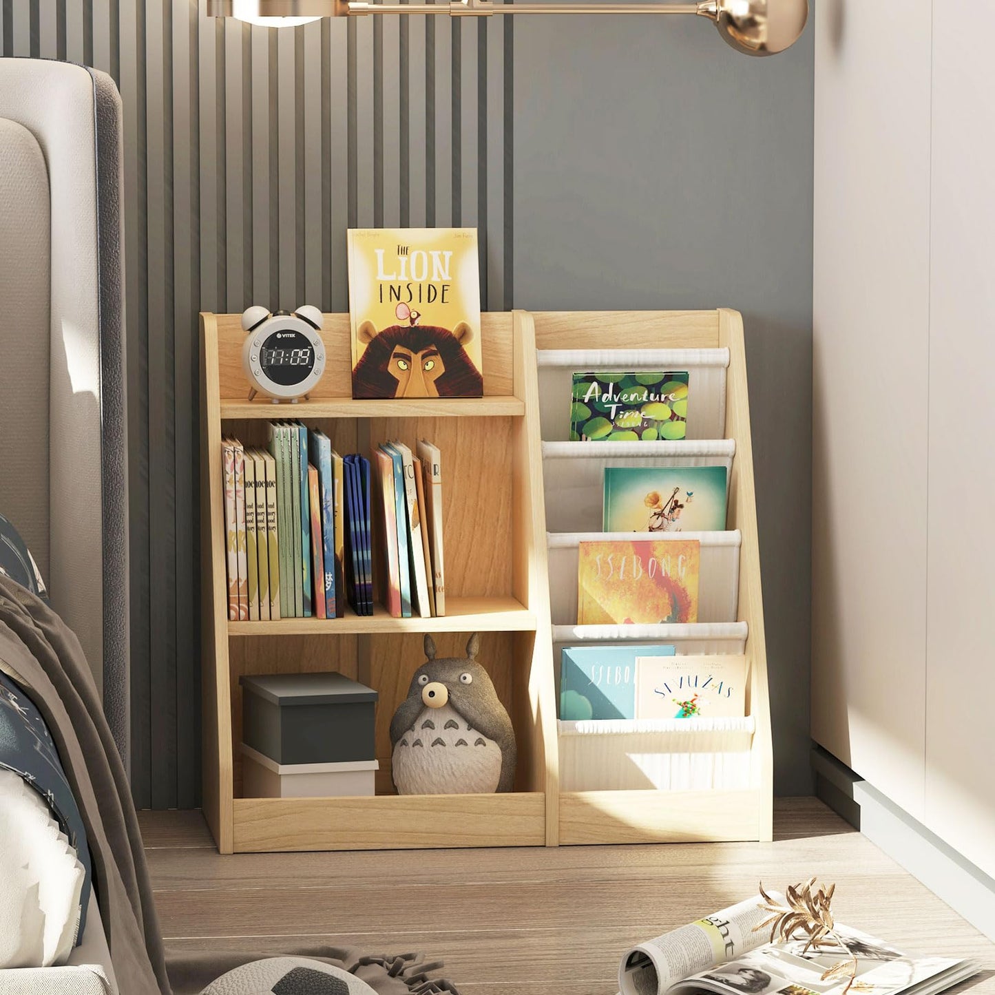 White Kids Bookshelf Wood Toy Storage Organizer Cabinet Children Bookcase Toddler Baby Sling Book Rack 3 Cube Bins Fabric Drawers for Playroom Bedroom Nursery School