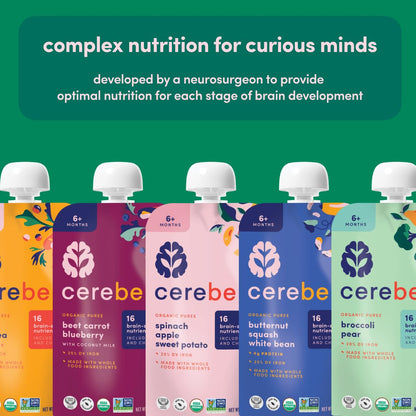 Cerebelly Organic Baby Food Pouches Variety Pack – Organic Veggie Purees for Toddlers | No Added Sugar, Fiber, Non-GMO | Blended Toddler Pouches | 4 Ounce BPA-Free Pouch | 4 Flavors | 8 Count