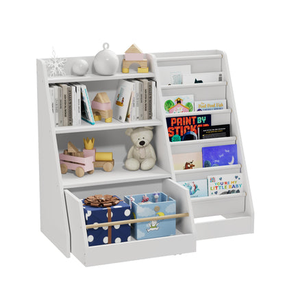 White Kids Bookshelf Wood Toy Storage Organizer Cabinet Children Bookcase Toddler Baby Sling Book Rack 3 Cube Bins Fabric Drawers for Playroom Bedroom Nursery School