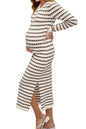 OUGES Women's 2025 Summer Maternity Dress Knit Sleeveless Crewneck Midi Dress Side Slit Striped Bodycon Sweater Dress