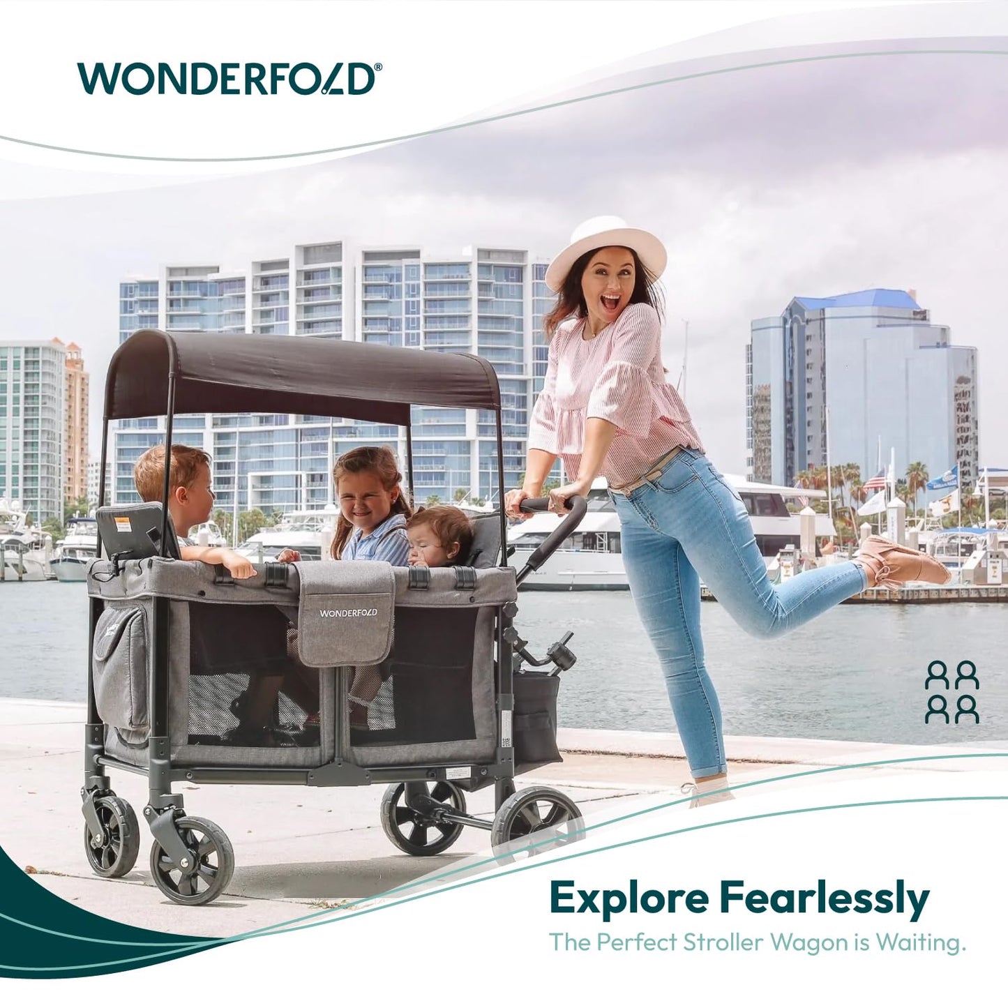 WONDERFOLD W4 Original Stroller Wagon (4 Seater) - Collapsible Wagon Stroller with Seats with 5-Point Harnesses, Easy Access Zipper Door, and Removable Sun Canopy, Black