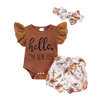 Hello World Newborn Outfit Baby Girl Going Home Outfit Ruffle Ribbed Romper Top Floral Pants Set Cute Summer Clothes