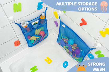 2 x Mesh Bath Toy Organizer + 8 Ultra Strong Hooks – The Perfect Bathtub Toy Holder & Bathroom or Shower Caddy – These Multi-use Net Bags Make Baby Bath Toy Storage Easy – For Kids & Toddlers