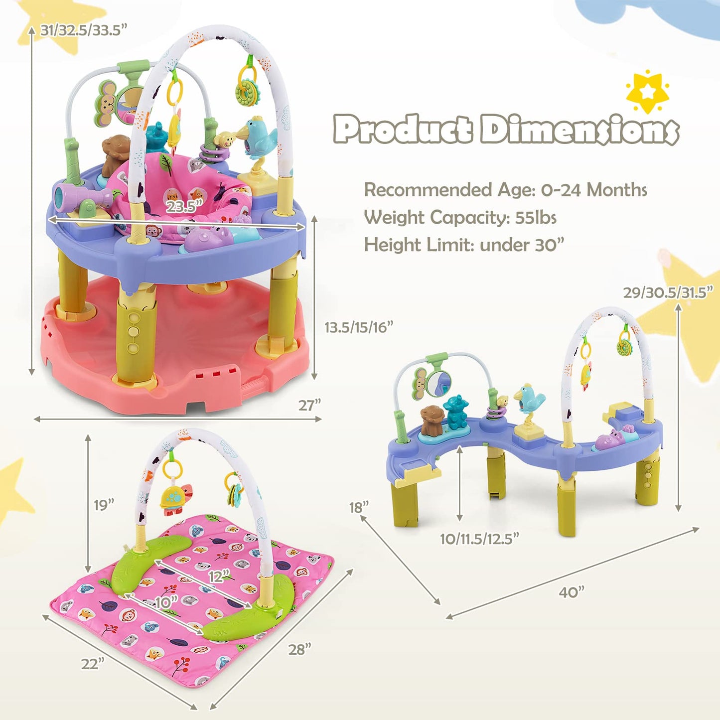 HOMGX Baby Bouncer Activity Center, 3 in 1 Baby Jumper Center & Infant Playtime Mat & Activity Table w/Baby Toys, 3 Adjustable Heights & 360° Rotatable Seat, Exersaucer for Toddlers (Green)